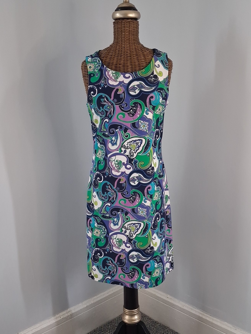 Jude Connally Sleeveless Paisley Shift Dress in Navy, Green & Lavender